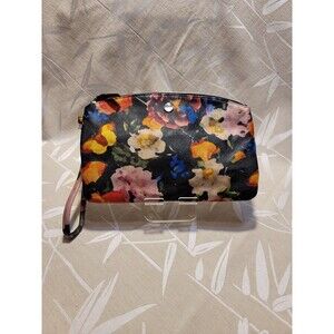 LODIS Watercolor Floral Top Zip Closure Leather Wristlet W/ Attached Strap